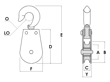 2” Swivel Hook Pulley Block; Steel Latch; 3/16 cable