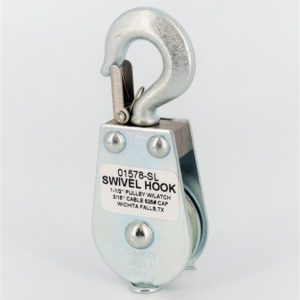 1-1/2″ Swivel Hook Pulley Block with Steel Latch, grooved for 3/16″ wire rope