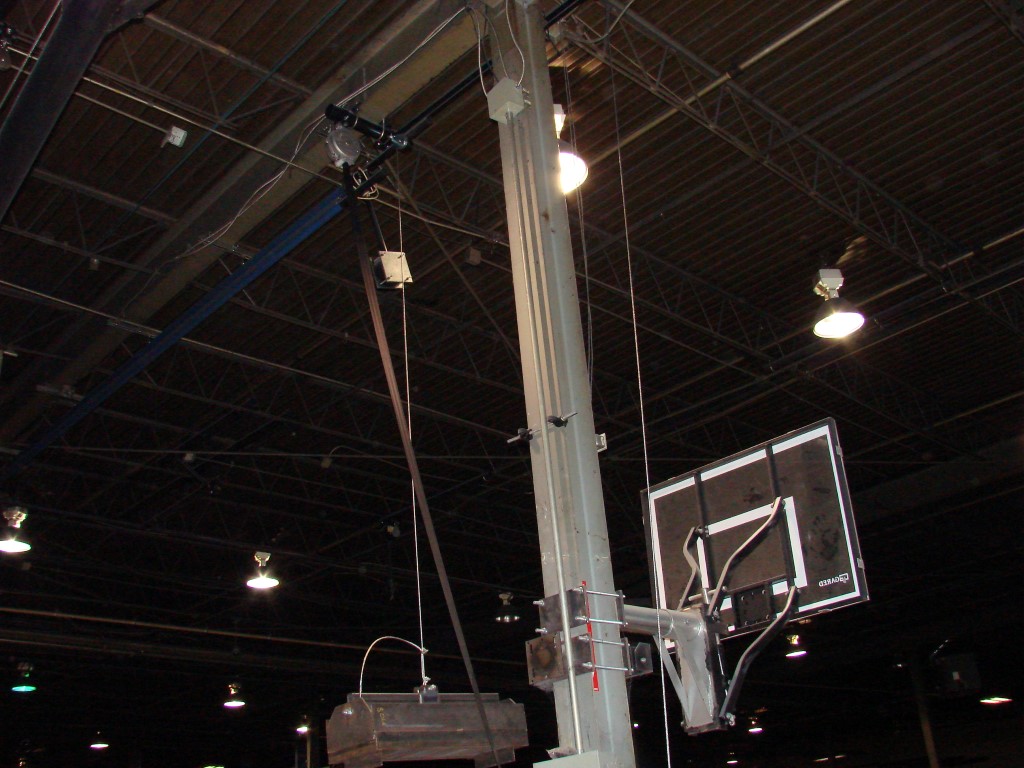 Industrial strength swivel eye pulley used for a basketball backdrop