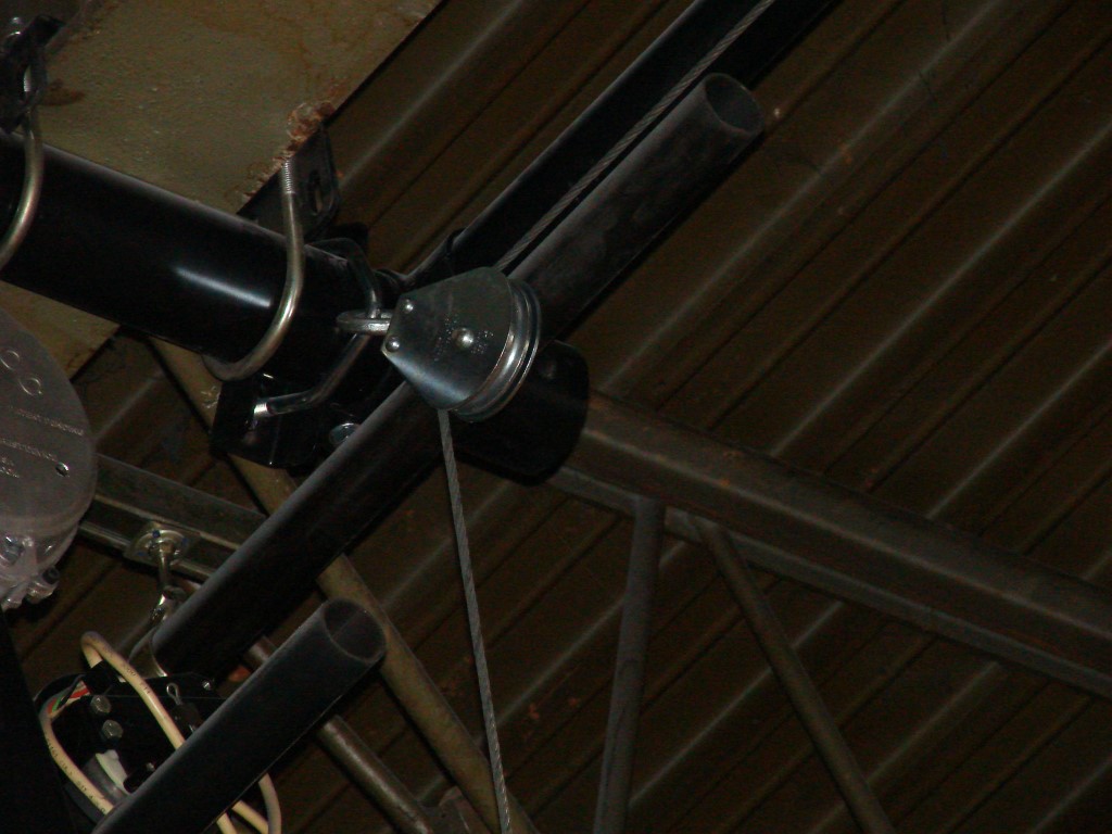 Close-up view of single sheave swivel eye pulley block used for a basketball backdrop